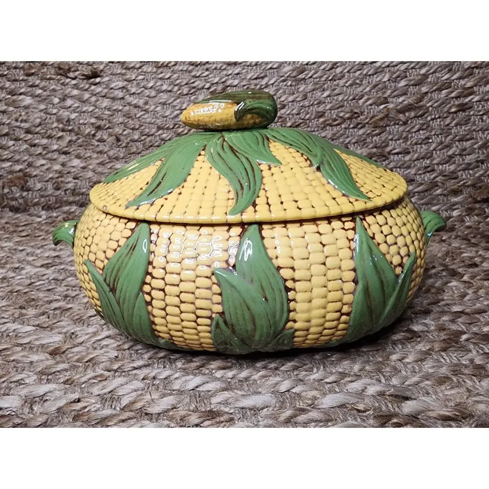 Vintage Handmade Ceramic Corn Casserole Serving Bowl Tureen 10